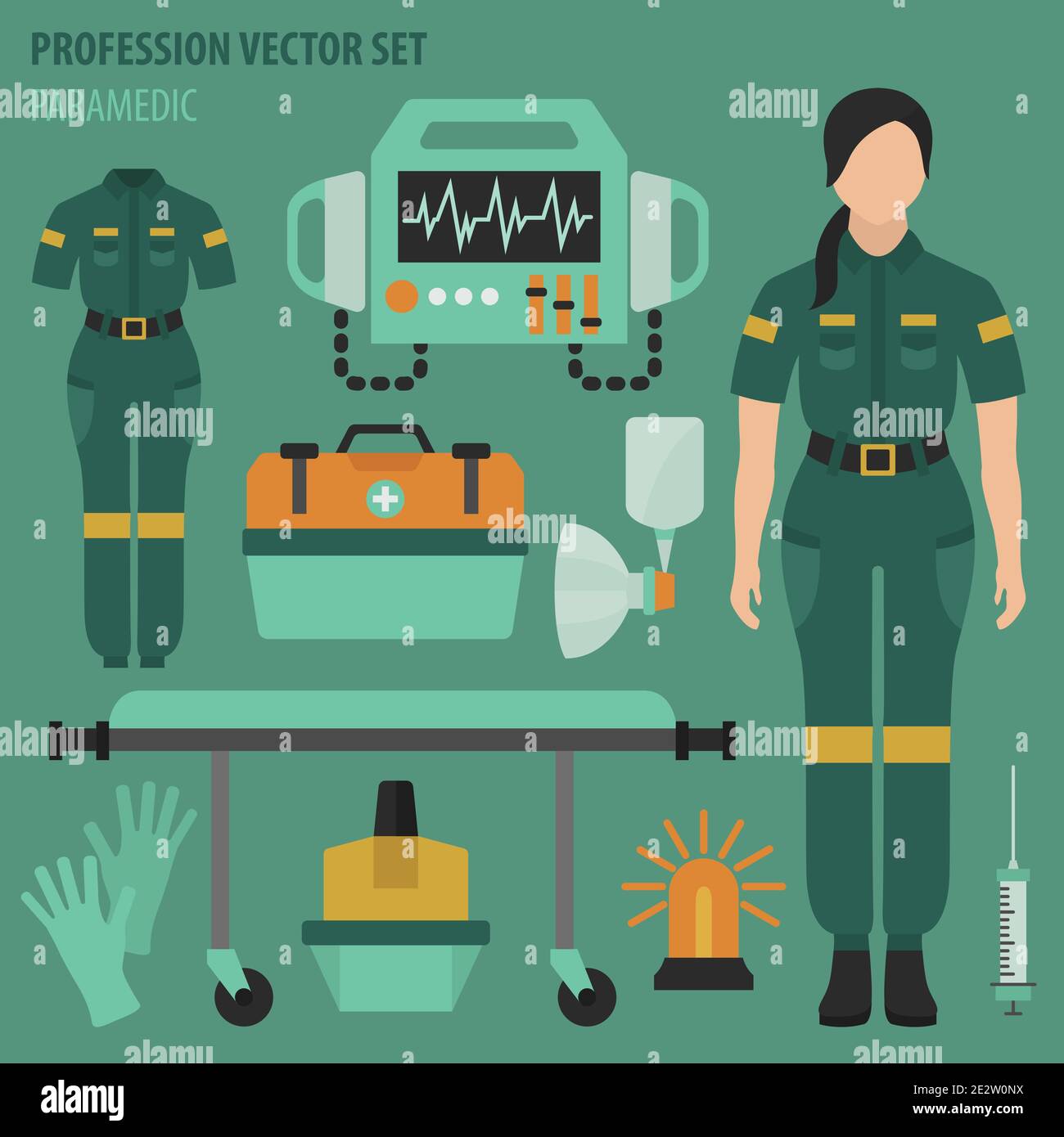 Profession and occupation set. Paramedic`s equipment, medical staff uniform flat design icon.Vector illustration Stock Vector